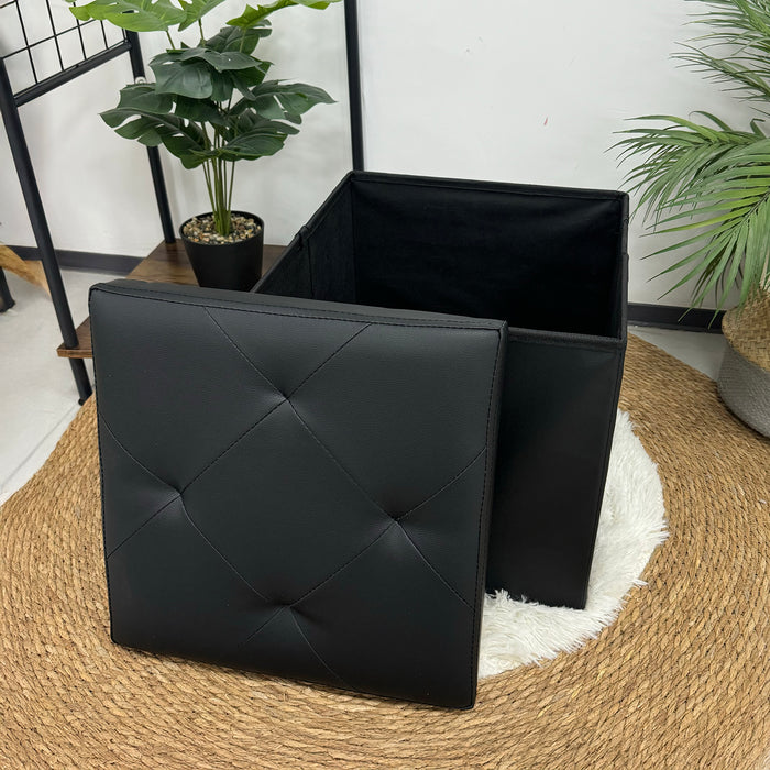 Pouf Poggiapiedi In Ecopelle 2 In 1 Contenitore 38x38Cm Quadrato Salotto Sgabello Camera Soggiorno Portaoggetti Design Moderno Complemento D'arredo Portaoggetti Panca Ingresso  Nero