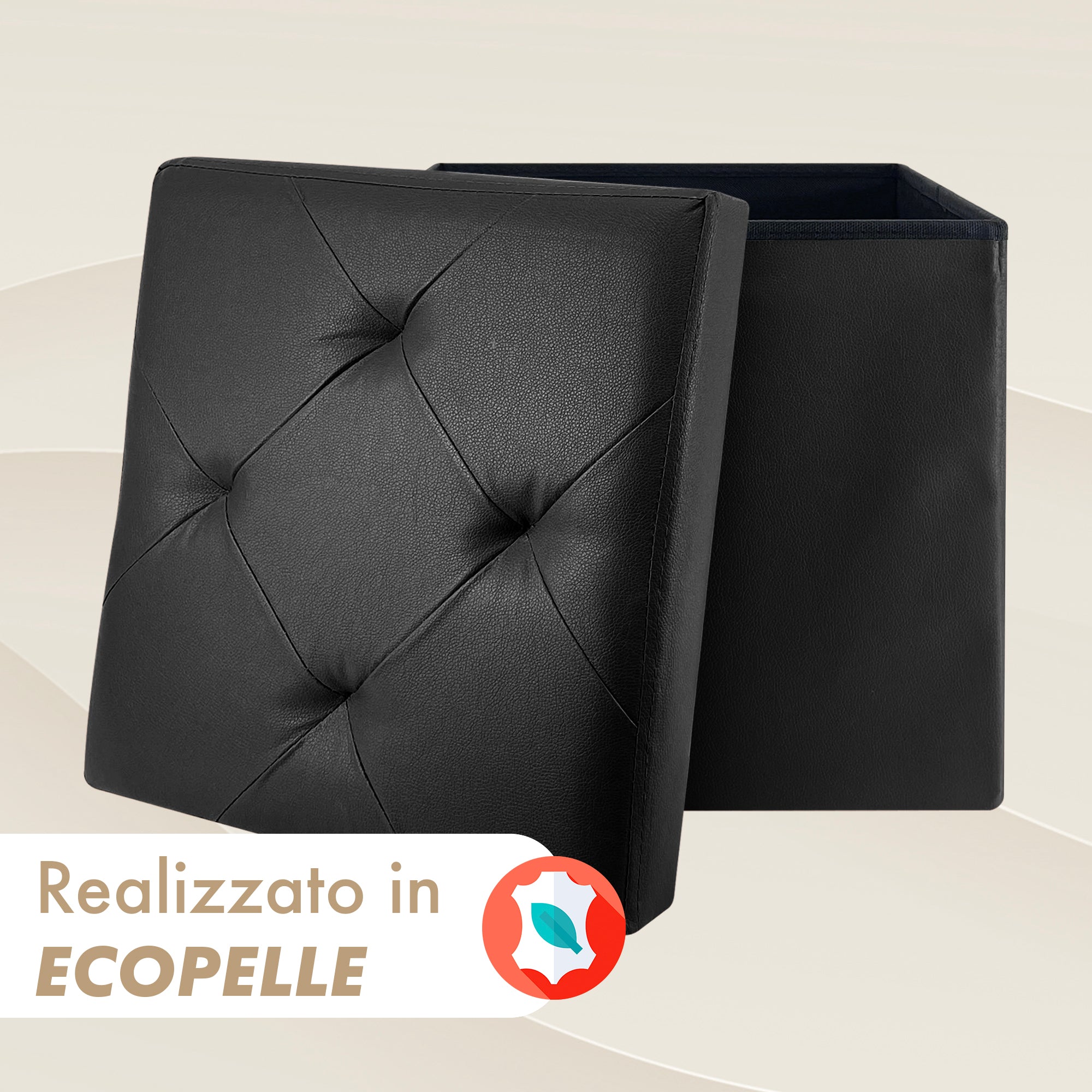 Pouf Poggiapiedi In Ecopelle 2 In 1 Contenitore 38x38Cm Quadrato Salotto Sgabello Camera Soggiorno Portaoggetti Design Moderno Complemento D'arredo Portaoggetti Panca Ingresso  Nero