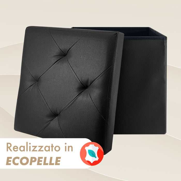 Pouf Poggiapiedi In Ecopelle 2 In 1 Contenitore 38x38Cm Quadrato Salotto Sgabello Camera Soggiorno Portaoggetti Design Moderno Complemento D'arredo Portaoggetti Panca Ingresso  Nero