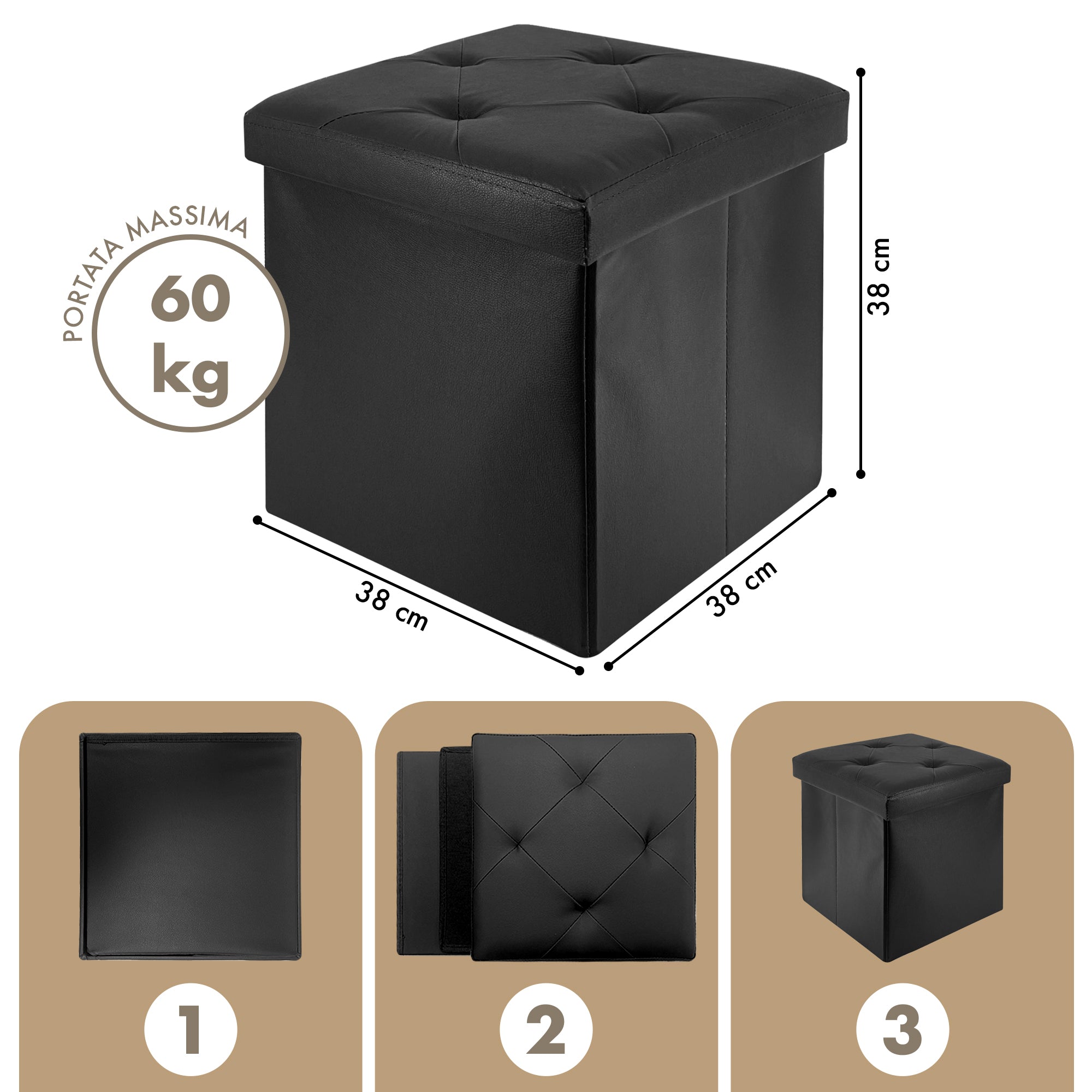 Pouf Poggiapiedi In Ecopelle 2 In 1 Contenitore 38x38Cm Quadrato Salotto Sgabello Camera Soggiorno Portaoggetti Design Moderno Complemento D'arredo Portaoggetti Panca Ingresso  Nero