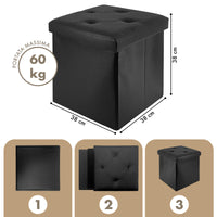 Pouf Poggiapiedi In Ecopelle 2 In 1 Contenitore 38x38Cm Quadrato Salotto Sgabello Camera Soggiorno Portaoggetti Design Moderno Complemento D'arredo Portaoggetti Panca Ingresso  Nero