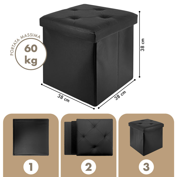 Pouf Poggiapiedi In Ecopelle 2 In 1 Contenitore 38x38Cm Quadrato Salotto Sgabello Camera Soggiorno Portaoggetti Design Moderno Complemento D'arredo Portaoggetti Panca Ingresso  Nero
