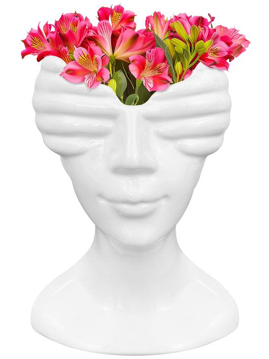Vaso Testa Donna Colore Bianco Finitura Lucida Testa Viso Vasi Fiori Decorativi Interno Esterno Casa Giardino Mezzo Corbo Busto  Selene