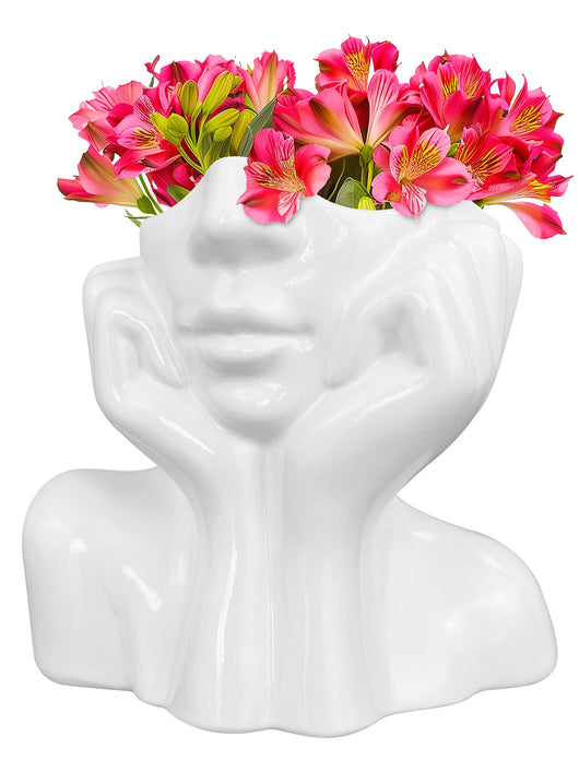 Vaso Testa Donna Colore Bianco Finitura Lucida Testa Viso Vasi Fiori Decorativi Interno Esterno Casa Giardino Mezzo Corbo Busto  Atena