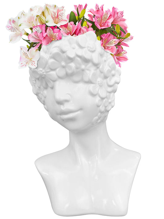 Vaso Testa Donna Colore Bianco Finitura Lucida Testa Viso Vasi Fiori Decorativi Interno Esterno Casa Giardino Mezzo Corbo Busto  Circe