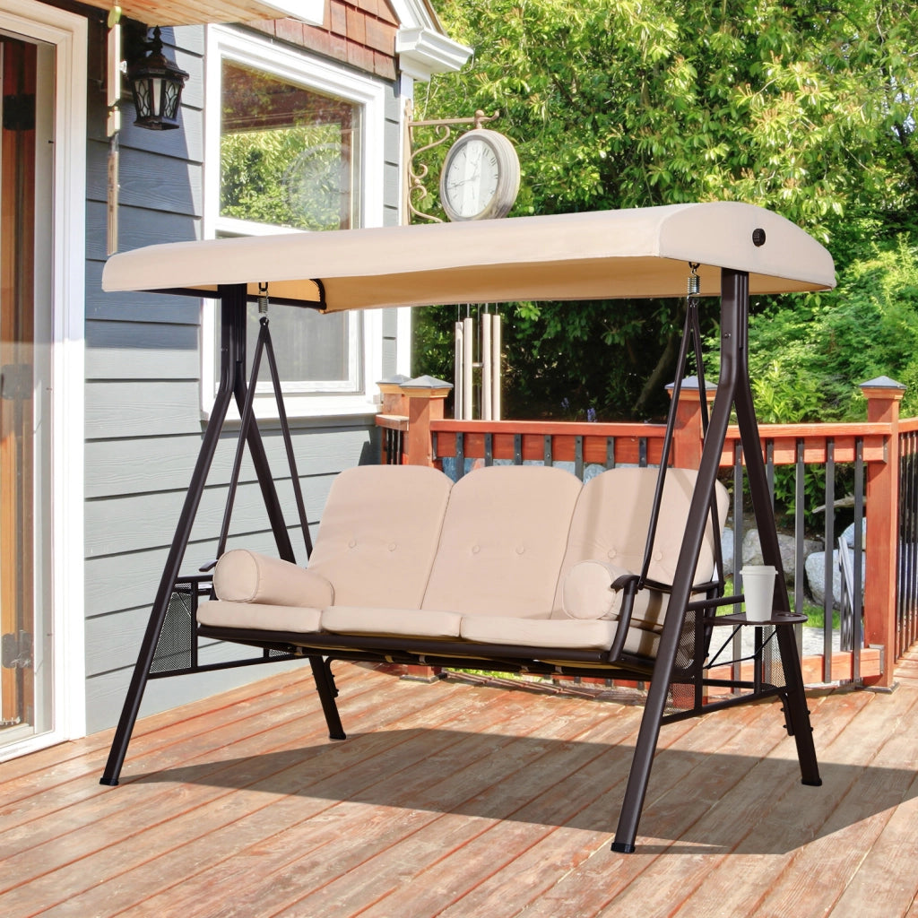 Dondolo 3 Posti con Tetto Regolabile, Portabicchieri e Cuscini, in Metallo e Poliestere, 208x121x172 cm, Beige