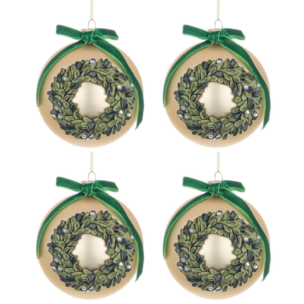 Palline Natale in Vetro Elegante con Fiocco in Raso Verde Corona Diametro: 100 mm