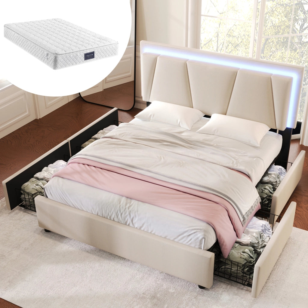 Letto imbottito con 4 cassetti illuminazione a LED 160x200 cm legno beige