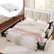 Letto imbottito con 4 cassetti illuminazione a LED 160x200 cm legno beige