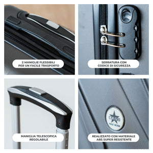 COVERI Trolley Bagaglio Mano Rigido 38x56x23 Piccolo Ultraleggero Valigia In Abs Con 4 Ruote Removibili Manico Chiusura Di Sicurezza Per Compagnie Low Cost Economy Zaino Da Viaggio Basilea-Grigio