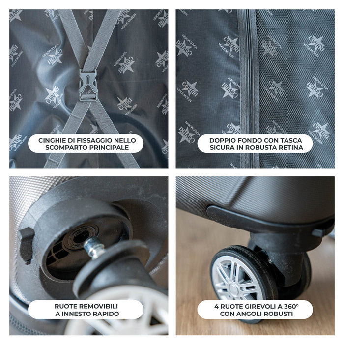 COVERI Trolley Bagaglio Mano Rigido 38x56x23 Piccolo Ultraleggero Valigia In Abs Con 4 Ruote Removibili Manico Chiusura Di Sicurezza Per Compagnie Low Cost Economy Zaino Da Viaggio Basilea-Grigio