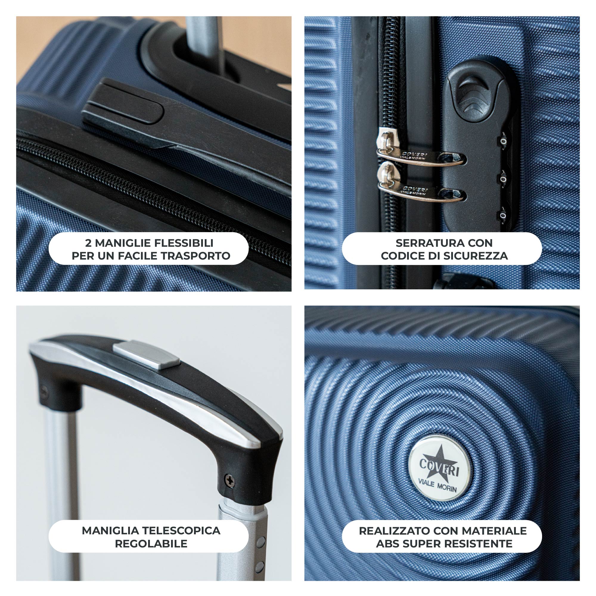 COVERI Trolley Bagaglio Mano Rigido 38x56x23 Piccolo Ultraleggero Valigia In Abs Con 4 Ruote Removibili Manico Chiusura Di Sicurezza Per Compagnie Low Cost Economy Zaino Da Viaggio Maiami-Blu