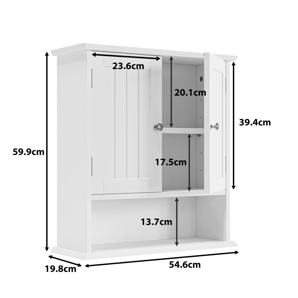 Armadietto bagno da parete bianco con doppia anta, ripiani regolabili e vani aperti, in MDF