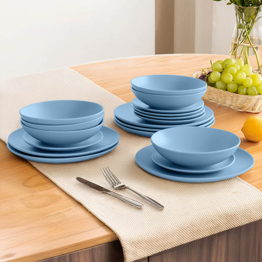 Servizio 18 Pezzi Piatti Cucina In Porcellana Gres Matt Design Moderno Finiture Opache Piatto Fondo Piano Dessert Lavastoviglie Microonde Colorazioni Tinta Unita Certificati Contatto Alimentare Azzuro