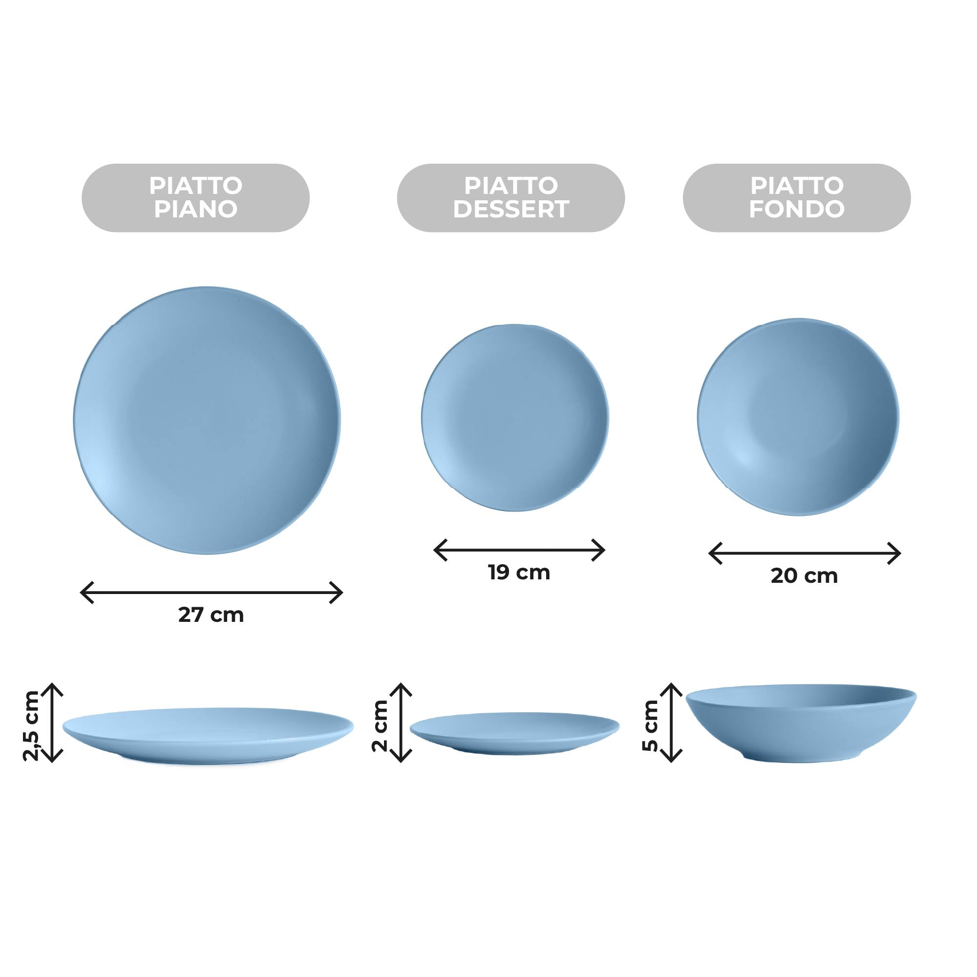 Servizio 18 Pezzi Piatti Cucina In Porcellana Gres Matt Design Moderno Finiture Opache Piatto Fondo Piano Dessert Lavastoviglie Microonde Colorazioni Tinta Unita Certificati Contatto Alimentare Azzuro