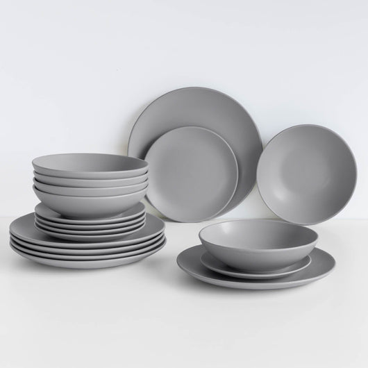 Servizio 18 Pezzi Piatti Cucina In Porcellana Gres Matt Design Moderno Finiture Opache Piatto Fondo Piano Dessert Lavastoviglie Microonde Colorazioni Tinta Unita Certificati Contatto Alimentare Grigio