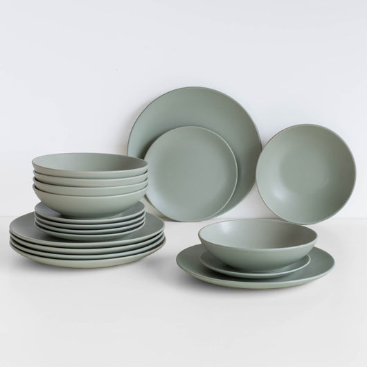 Servizio 18 Pezzi Piatti Cucina In Porcellana Gres Matt Design Moderno Finiture Opache Piatto Fondo Piano Dessert Lavastoviglie Microonde Colorazioni Tinta Unita Certificati Contatto Alimentare Salvia