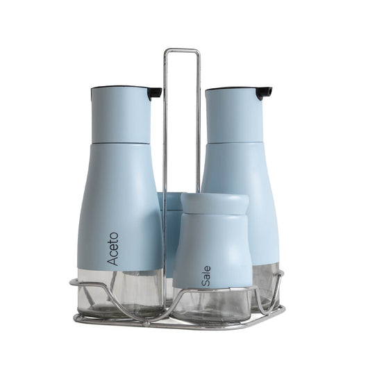 Set Condimento 4 Pezzi Olio Aceto Sale Pepe Vetro Acciaio Certificato Per Alimenti Organizzatore Acciaio Inox Con Stand In Metallo Condimenti Tavola Oliera Saliera Dispenser Tavola Organizer Porta Spezie Barattoli Contenitori Azzurro