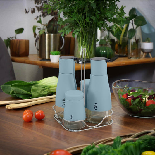 Set Condimento 4 Pezzi Olio Aceto Sale Pepe Vetro Acciaio Certificato Per Alimenti Organizzatore Acciaio Inox Con Stand In Metallo Condimenti Tavola Oliera Saliera Dispenser Tavola Organizer Porta Spezie Barattoli Contenitori Azzurro