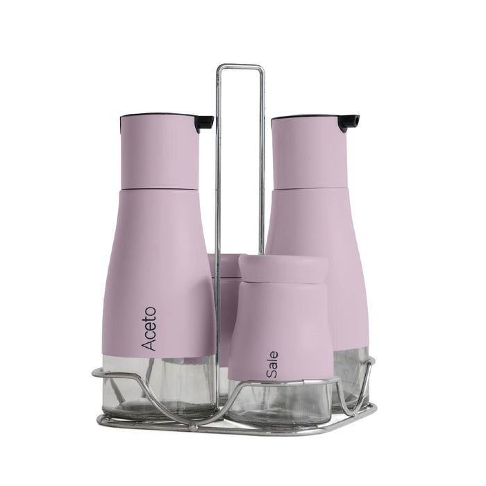 Set Condimento 4 Pezzi Olio Aceto Sale Pepe Vetro Acciaio Certificato Per Alimenti Organizzatore Acciaio Inox Con Stand In Metallo Condimenti Tavola Oliera Saliera Dispenser Tavola Organizer Porta Spezie Barattoli Contenitori Glicine