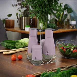 Set Condimento 4 Pezzi Olio Aceto Sale Pepe Vetro Acciaio Certificato Per Alimenti Organizzatore Acciaio Inox Con Stand In Metallo Condimenti Tavola Oliera Saliera Dispenser Tavola Organizer Porta Spezie Barattoli Contenitori Glicine