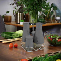 Set Condimento 4 Pezzi Olio Aceto Sale Pepe Vetro Acciaio Certificato Per Alimenti Organizzatore Acciaio Inox Con Stand In Metallo Condimenti Tavola Oliera Saliera Dispenser Tavola Organizer Porta Spezie Barattoli Contenitori Grigio