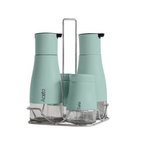 Set Condimento 4 Pezzi Olio Aceto Sale Pepe Vetro Acciaio Certificato Per Alimenti Organizzatore Acciaio Inox Con Stand In Metallo Condimenti Tavola Oliera Saliera Dispenser Tavola Organizer Porta Spezie Barattoli Contenitori Salvia