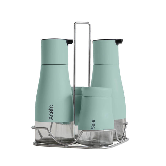 Set Condimento 4 Pezzi Olio Aceto Sale Pepe Vetro Acciaio Certificato Per Alimenti Organizzatore Acciaio Inox Con Stand In Metallo Condimenti Tavola Oliera Saliera Dispenser Tavola Organizer Porta Spezie Barattoli Contenitori Salvia