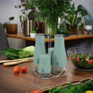 Set Condimento 4 Pezzi Olio Aceto Sale Pepe Vetro Acciaio Certificato Per Alimenti Organizzatore Acciaio Inox Con Stand In Metallo Condimenti Tavola Oliera Saliera Dispenser Tavola Organizer Porta Spezie Barattoli Contenitori Salvia