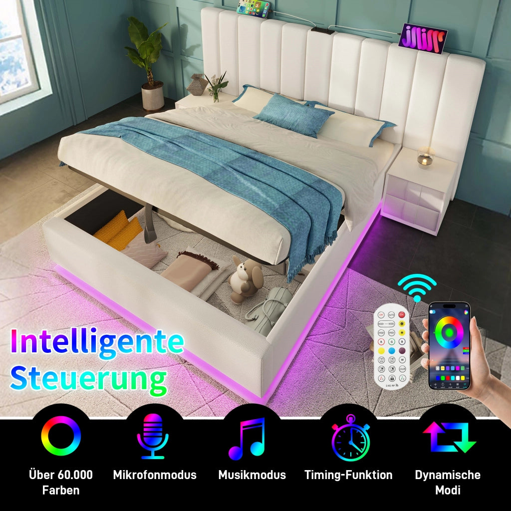 LETTO contenitore 160x200 cm in PU bianco con materasso incluso, LED e USB