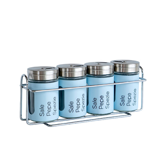 Set 4 Contenitori In Vetro Cucina Portaspezie 90 Ml Con Espositore In Metallo Barattoli Moderni Sale Pepe Rotondi Tappo Girevole Acciaio Per Regolazione Con Moderne Scritte Certificati Contatto Alimentare Azzurro