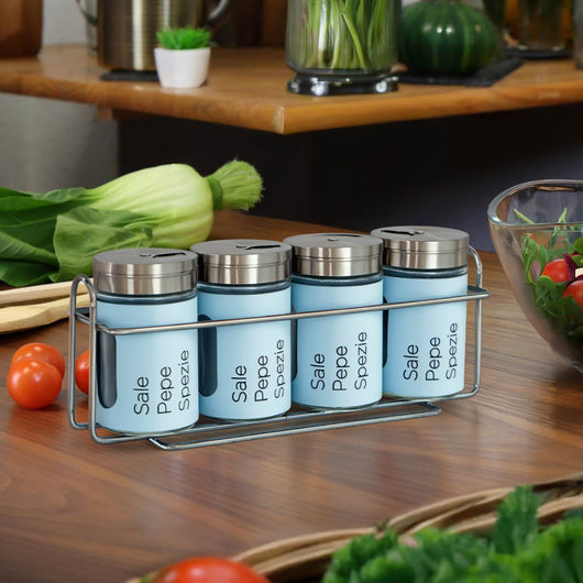 Set 4 Contenitori In Vetro Cucina Portaspezie 90 Ml Con Espositore In Metallo Barattoli Moderni Sale Pepe Rotondi Tappo Girevole Acciaio Per Regolazione Con Moderne Scritte Certificati Contatto Alimentare Azzurro