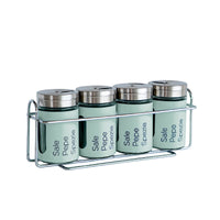 Set 4 Contenitori In Vetro Cucina Portaspezie 90 Ml Con Espositore In Metallo Barattoli Moderni Sale Pepe Rotondi Tappo Girevole Acciaio Per Regolazione Con Moderne Scritte Certificati Contatto Alimentare Salvia