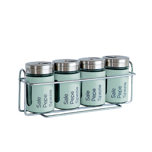 Set 4 Contenitori In Vetro Cucina Portaspezie 90 Ml Con Espositore In Metallo Barattoli Moderni Sale Pepe Rotondi Tappo Girevole Acciaio Per Regolazione Con Moderne Scritte Certificati Contatto Alimentare Salvia
