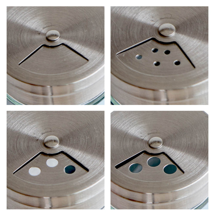 Set 4 Contenitori In Vetro Cucina Portaspezie 90 Ml Con Espositore In Metallo Barattoli Moderni Sale Pepe Rotondi Tappo Girevole Acciaio Per Regolazione Con Moderne Scritte Certificati Contatto Alimentare Salvia