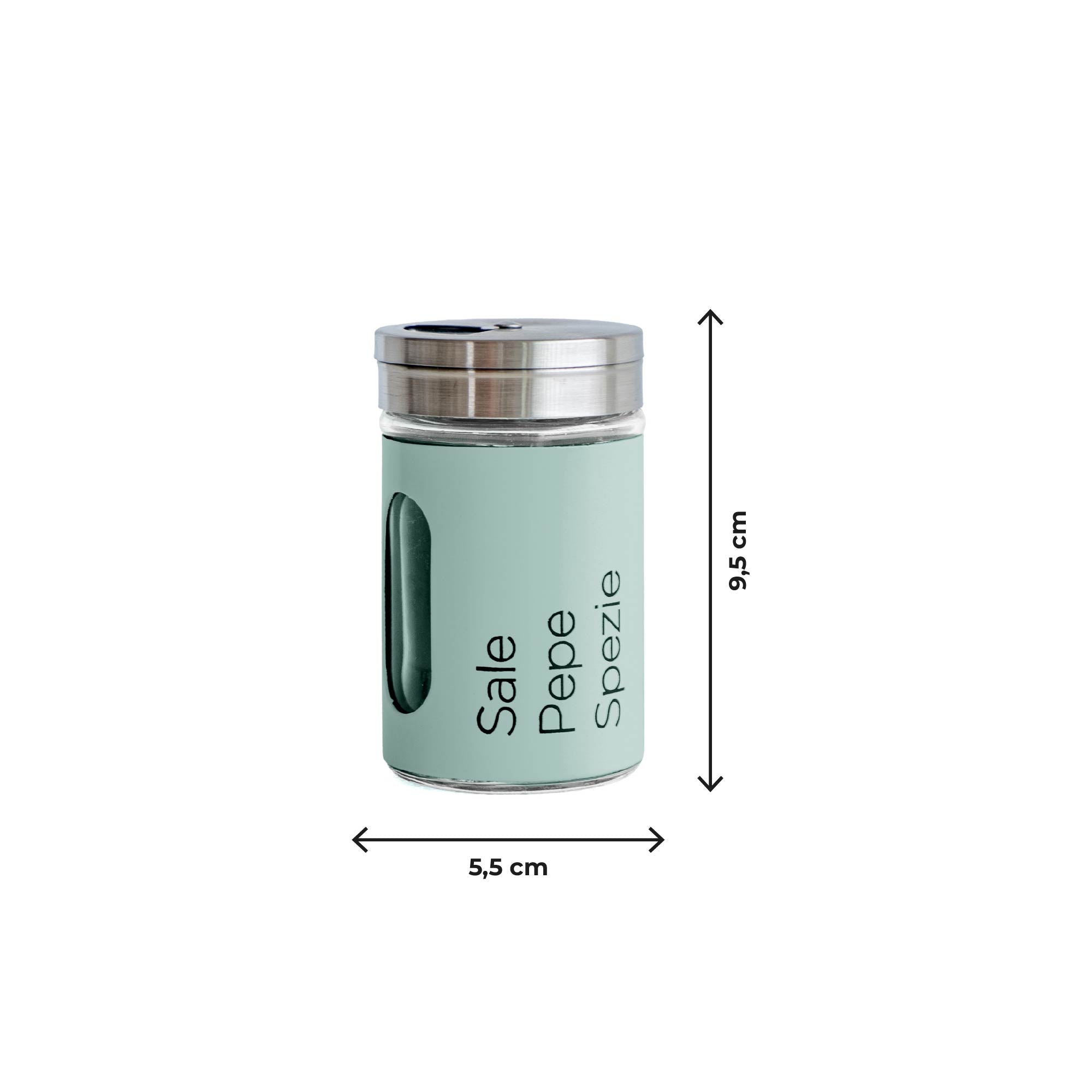 Set 4 Contenitori In Vetro Cucina Portaspezie 90 Ml Con Espositore In Metallo Barattoli Moderni Sale Pepe Rotondi Tappo Girevole Acciaio Per Regolazione Con Moderne Scritte Certificati Contatto Alimentare Salvia