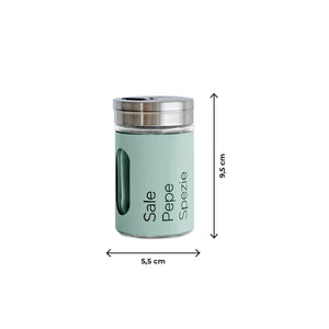 Set 4 Contenitori In Vetro Cucina Portaspezie 90 Ml Con Espositore In Metallo Barattoli Moderni Sale Pepe Rotondi Tappo Girevole Acciaio Per Regolazione Con Moderne Scritte Certificati Contatto Alimentare Salvia