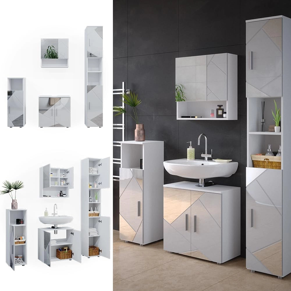 Set mobili bagno Irma, Bianco lucido con inserti, 80 cm, composto da mobile lavabo, pensile a specchio, colonna e base media