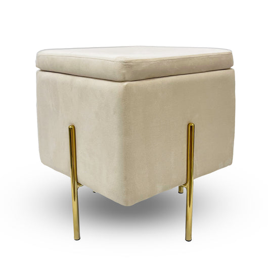 Pouf Contenitore in Velluto con Gambe in Metallo Oro – Poggiapiedi Moderno ed Elegante per Soggiorno, Camera e Ingresso Beige