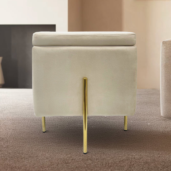 Pouf Contenitore in Velluto con Gambe in Metallo Oro – Poggiapiedi Moderno ed Elegante per Soggiorno, Camera e Ingresso Beige