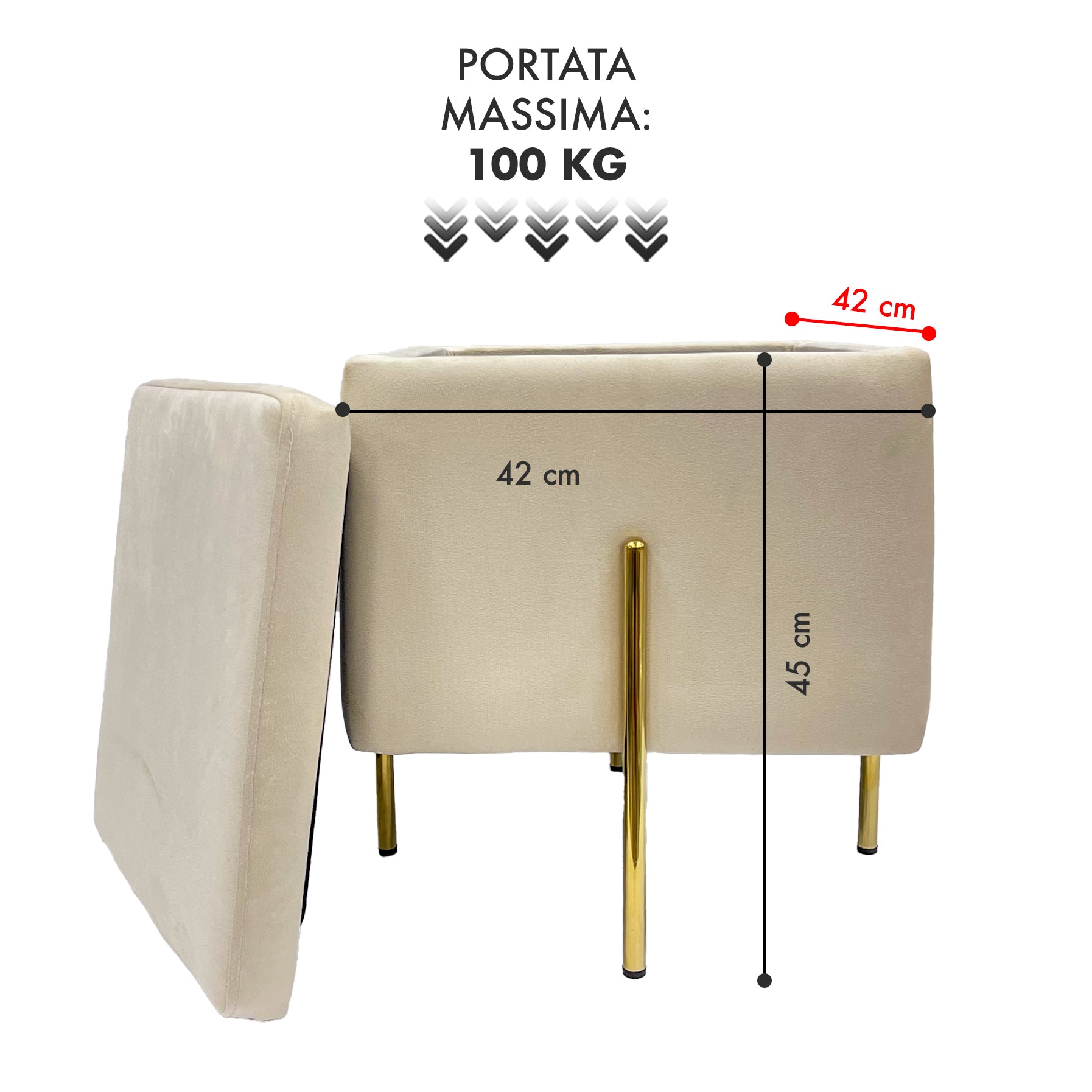 Pouf Contenitore in Velluto con Gambe in Metallo Oro – Poggiapiedi Moderno ed Elegante per Soggiorno, Camera e Ingresso Beige