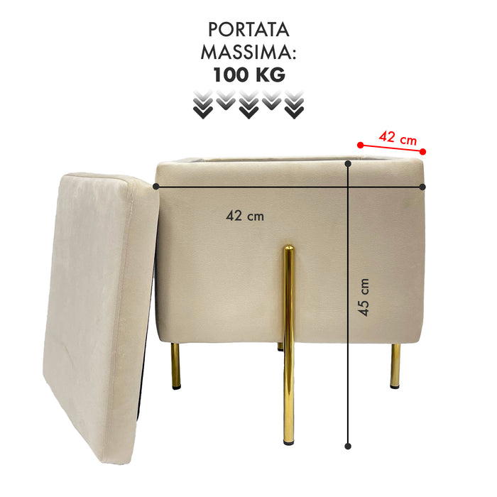 Pouf Contenitore in Velluto con Gambe in Metallo Oro – Poggiapiedi Moderno ed Elegante per Soggiorno, Camera e Ingresso Beige