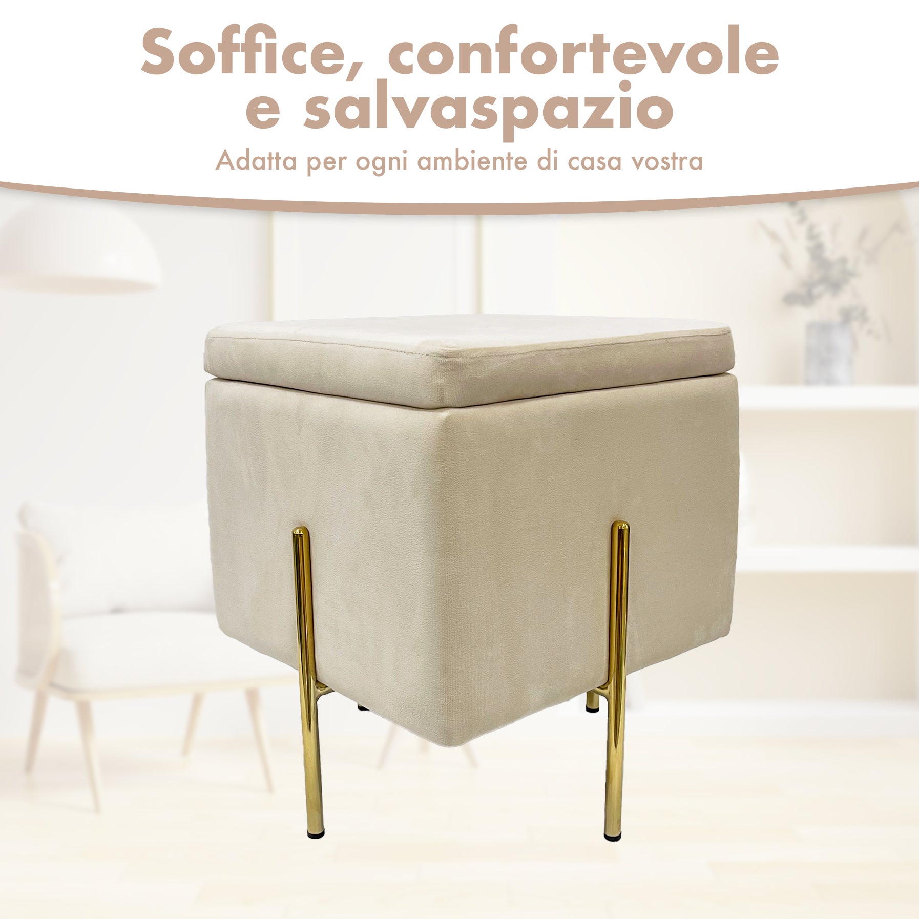 Pouf Contenitore in Velluto con Gambe in Metallo Oro – Poggiapiedi Moderno ed Elegante per Soggiorno, Camera e Ingresso Beige