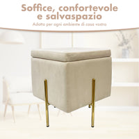 Pouf Contenitore in Velluto con Gambe in Metallo Oro – Poggiapiedi Moderno ed Elegante per Soggiorno, Camera e Ingresso Beige