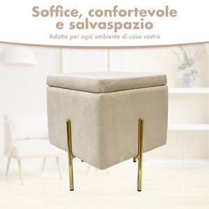Pouf Contenitore in Velluto con Gambe in Metallo Oro – Poggiapiedi Moderno ed Elegante per Soggiorno, Camera e Ingresso Beige