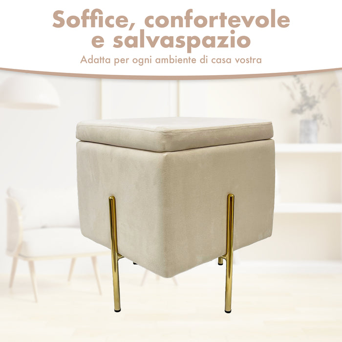 Pouf Contenitore in Velluto con Gambe in Metallo Oro – Poggiapiedi Moderno ed Elegante per Soggiorno, Camera e Ingresso Beige