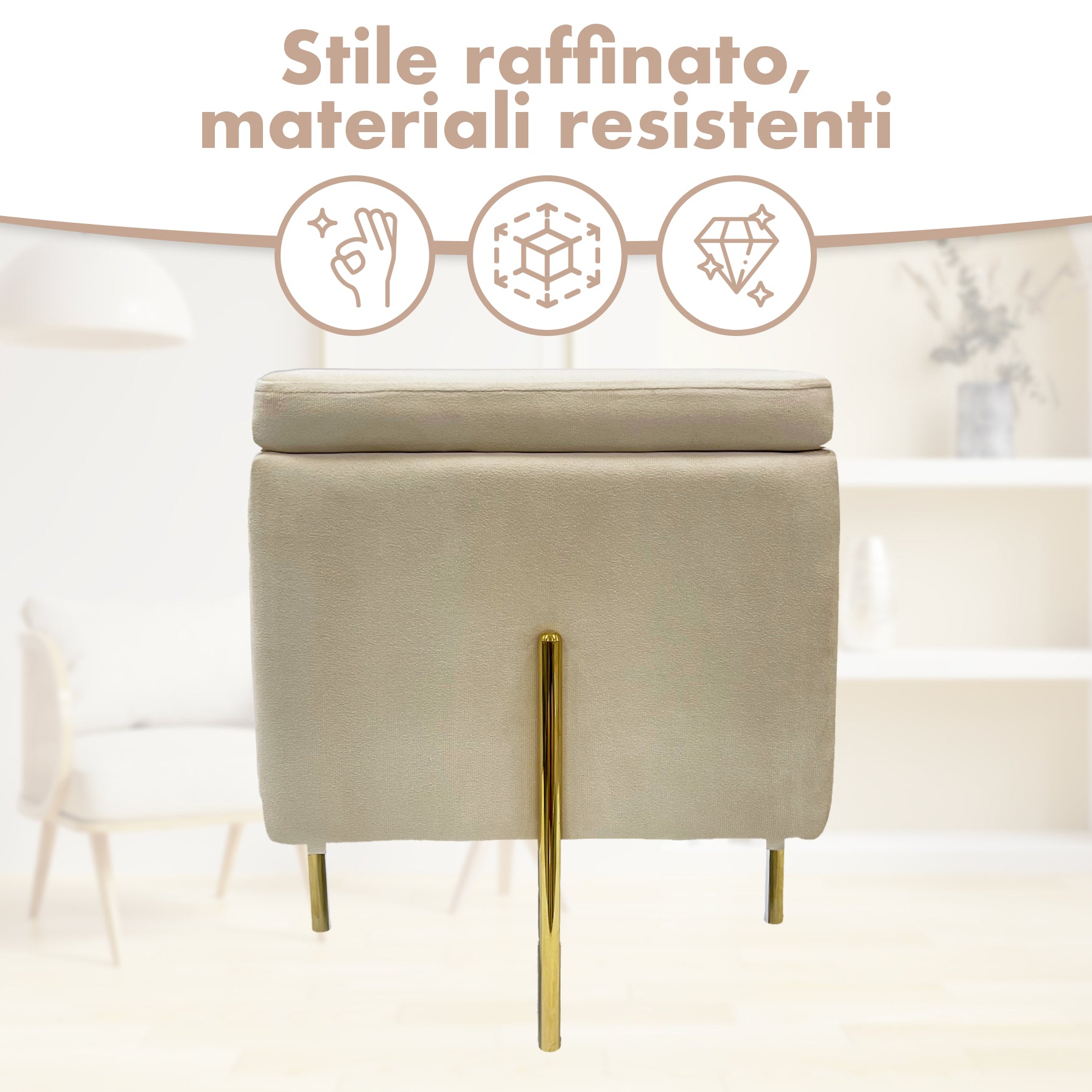 Pouf Contenitore in Velluto con Gambe in Metallo Oro – Poggiapiedi Moderno ed Elegante per Soggiorno, Camera e Ingresso Beige