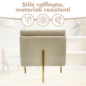 Pouf Contenitore in Velluto con Gambe in Metallo Oro – Poggiapiedi Moderno ed Elegante per Soggiorno, Camera e Ingresso Beige
