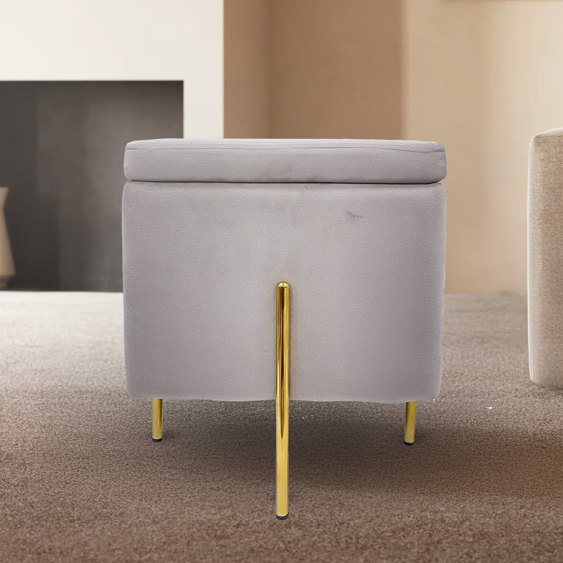 Pouf Contenitore in Velluto con Gambe in Metallo Oro – Poggiapiedi Moderno ed Elegante per Soggiorno, Camera e Ingresso Grigio