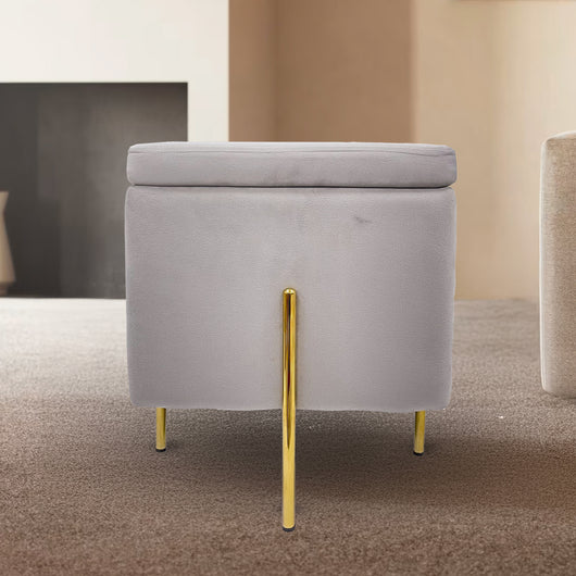 Pouf Contenitore in Velluto con Gambe in Metallo Oro – Poggiapiedi Moderno ed Elegante per Soggiorno, Camera e Ingresso Grigio